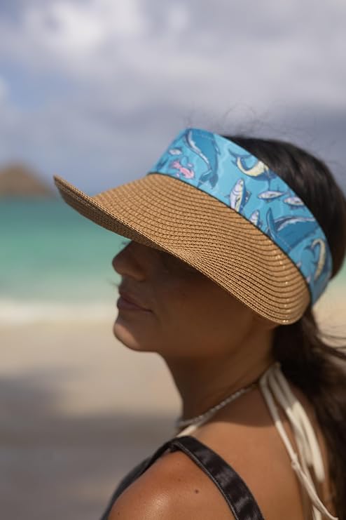 Women's Wide Brim Straw Visor Hat with Printed hat Band