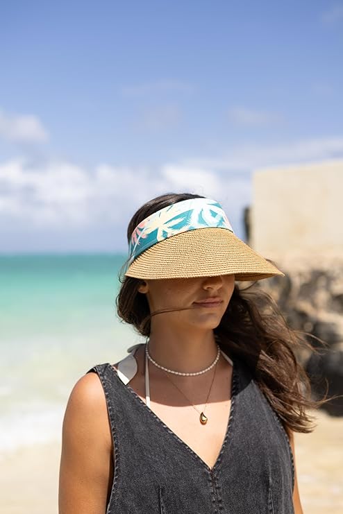 Women's Wide Brim Straw Visor Hat with Tall Palm Print Band