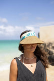 Women's Wide Brim Straw Visor Hat with Tall Palm Print Band