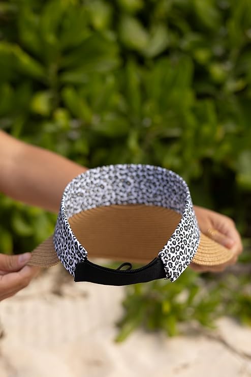 Women's Wide Brim Straw Visor Hat with Printed hat Band