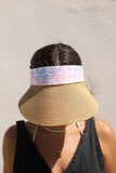 Women's Wide Brim Straw Visor Hat with Printed hat Band