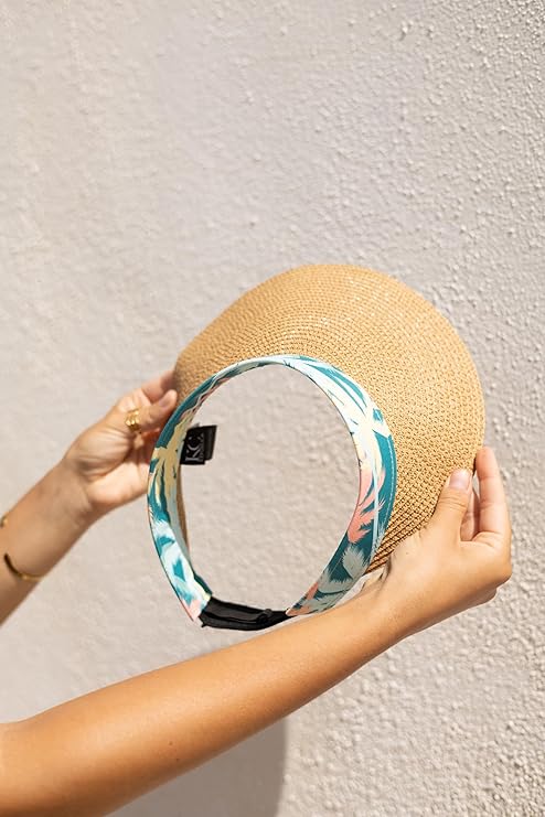 Women's Wide Brim Straw Visor Hat with Tall Palm Print Band