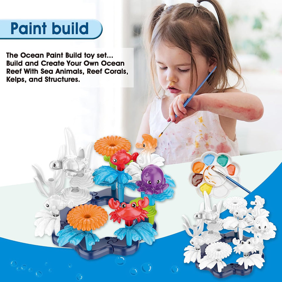 KC Republic 37 Pcs Water Washable Painting & Building Toy Set + 58 pcs Learning STEM Explorers Geomakers for Toddlers and Kids Age 3+ Boys and Girls Stacking Reef Garden Building STEM Toy
