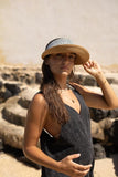 Women's Wide Brim Straw Visor Hat with Printed hat Band