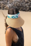 Women's Wide Brim Straw Visor Hat with Tall Palm Print Band