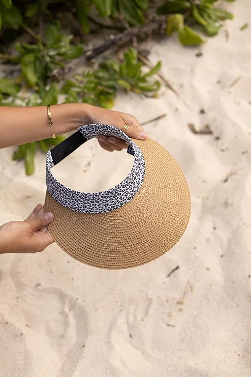 Women's Wide Brim Straw Visor Hat with Printed hat Band