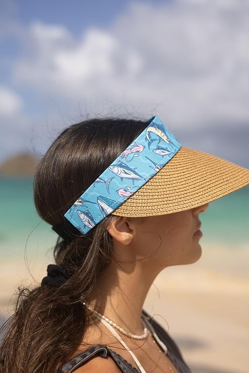 Women's Wide Brim Straw Visor Hat with Printed hat Band