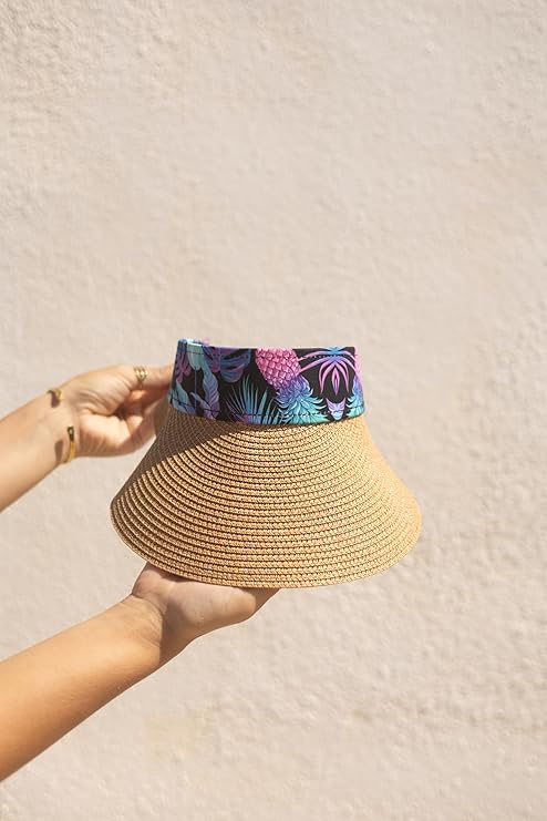 Women's Wide Brim Straw Visor Hat with Printed hat Band