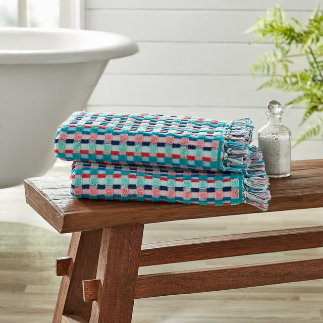 The Pioneer Woman Cotton Bath Towel Dotted Stripe Teal 27in x 52in, Set of 2