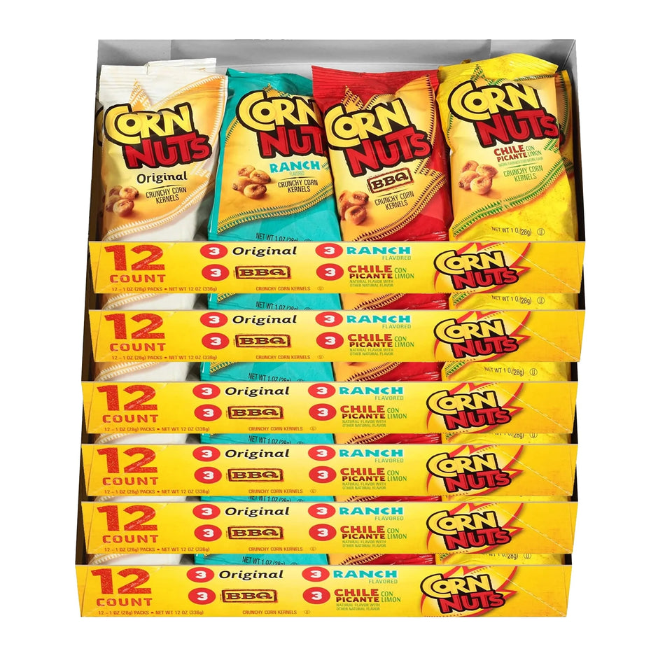 Corn Nuts Original, Ranch, BBQ, Chile Picante con Limon Crunchy Corn Kernels Variety Pack (6 Cases of 12 Bags)