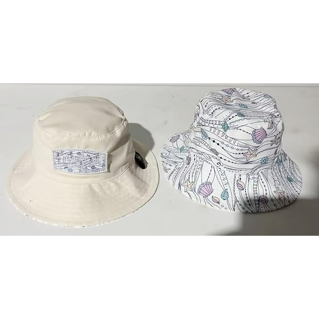 Kids Reversible Bucket Hat with White Seashells Print, for Boys, Packable Fun & Cool Beach UPF 50+ Sun Protection Bucket Hat - Ages 2-13 Years