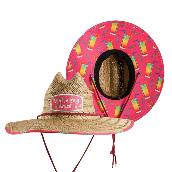 Pink Drink Hat Fabric Pattern Print Straw Sunhat Men & Women, Lifeguard Hat, Beach, Swim, Cruise, Paddle Board, Boat, Fishing, Fits All, Malabar Hat.Clo
