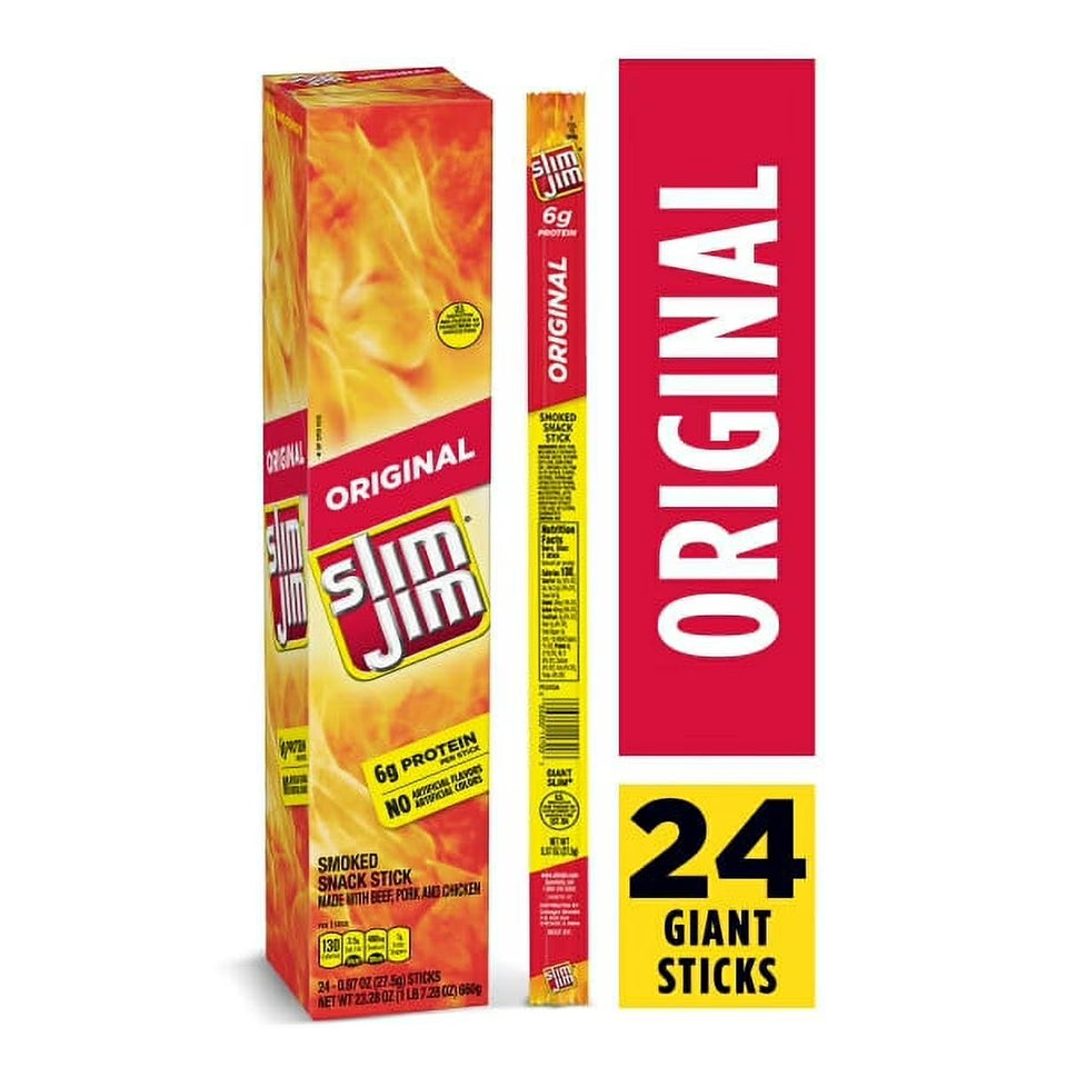 Slim Jim Giant Original Flavor Smoked Meat 24 Count 6g Protein Snack - 3 Pack