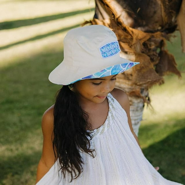 Kids Reversible Bucket Hat with Mermaid Print, for Girls, Packable Fun & Cool Beach UPF 50+ Sun Protection Bucket Hat - Ages 2-13 Years