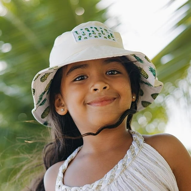 Kids Reversible Bucket Hat with Pineapple Print, for Girls, Packable Fun & Cool Beach UPF 50+ Sun Protection Bucket Hat - Ages 2-13 Years