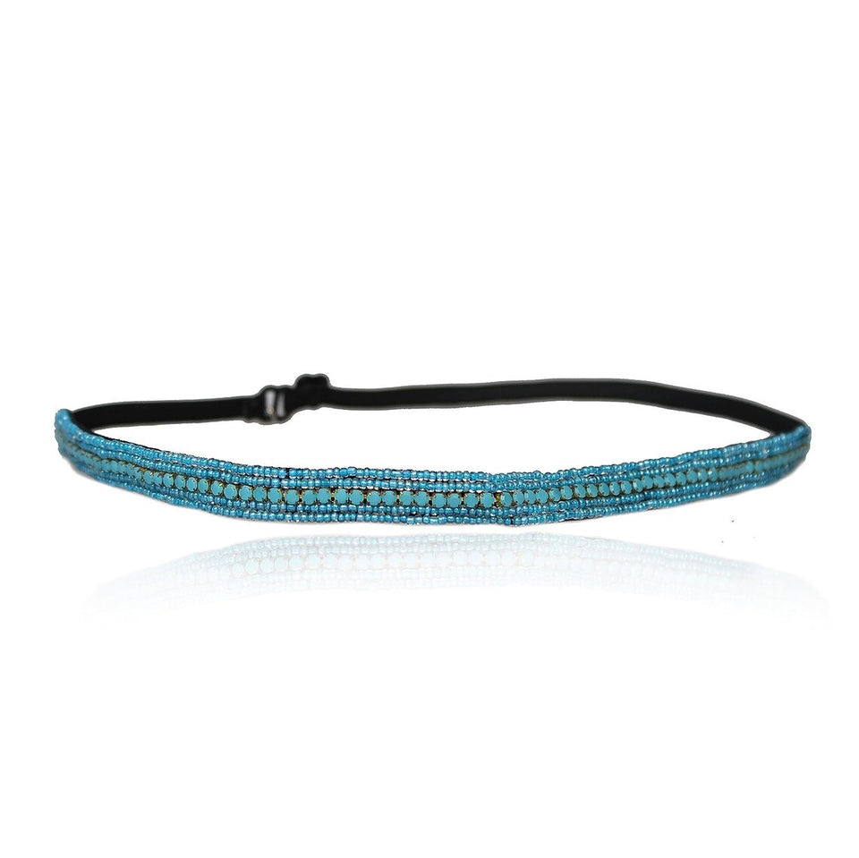 Turquoise Rhinestone and Beaded Thin Headband. Bohemian Style Headband