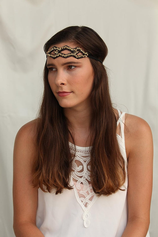 Bridal Crystal Thin Diamond Shape Gold Rhinestone Headband Adjustable Non-slip Comfortable for Wedding. Hair Style Guide Included