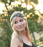 KC Republic Womens Fashion Headband, Beautiful Black Stone Gatsby Flapper 1920's Rhinestone Headband with Ribbon Ties Band
