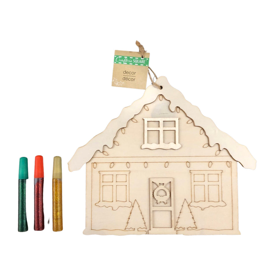 Snow Covered House with Christmas Lights and Candy Cane Waiting for Santa Claus Paintable Wooden Craft Ornament with Free Christmas Gift Bag