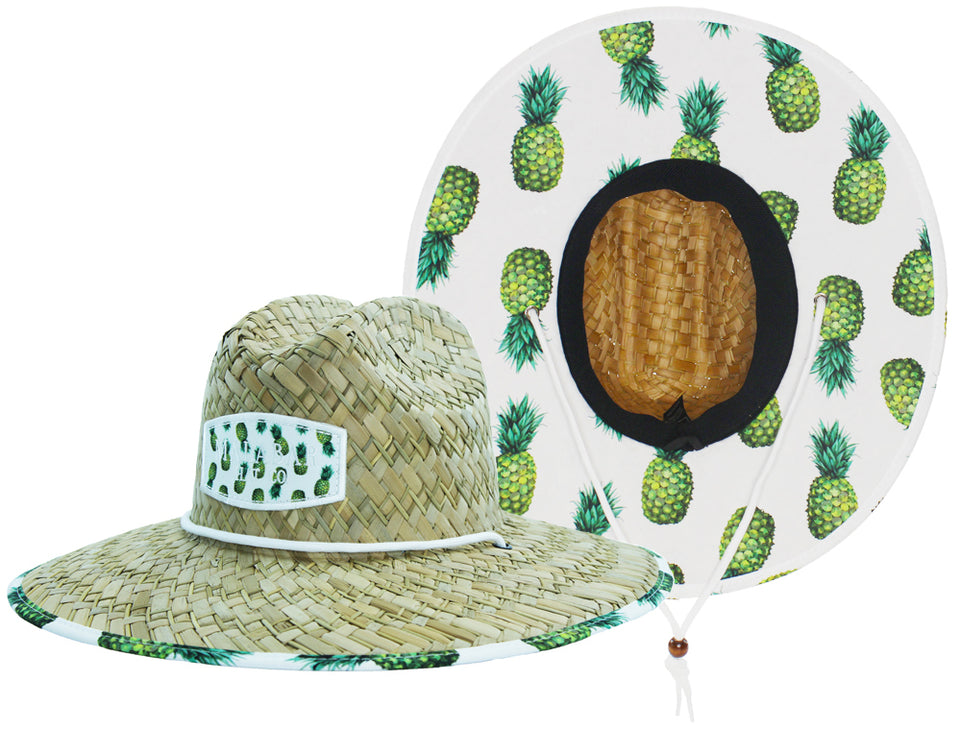 Pineapple Fabric Pattern Print Straw Sunhat Men & Women, Lifeguard Hat, Beach, Swim, Cruise, Paddle Board, Boat, Fishing, Fits All, Malabar Hat
