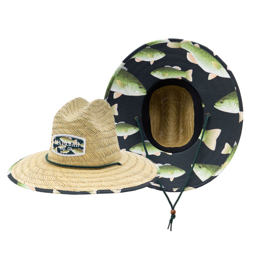 Bass Fish Fabric Pattern Print Straw Sunhat Men & Women, Lifeguard Hat, Beach, Swim, Cruise, Paddle Board, Boat, Fishing, Fits All, Malabar Hat